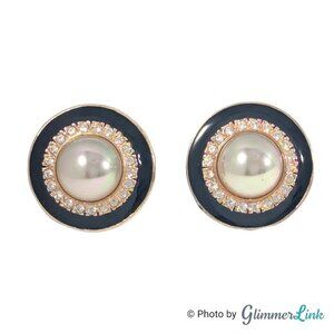 VTG Roman White AB Faux Pearl Cabochon Rhinestone Enamel Gold Tone Earrings